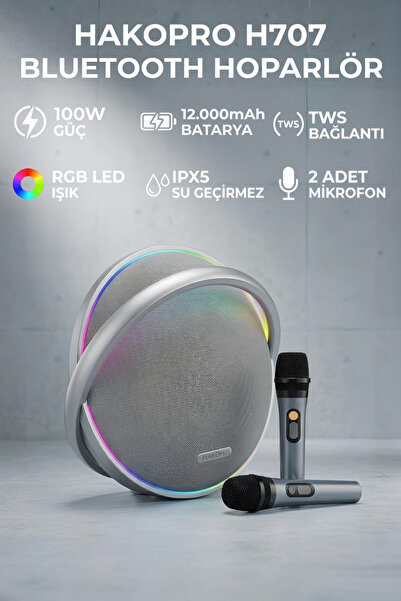 hakopro 100W 12000 mAh Rgb Ledli Gri Bluetooth Hoparlör Ipx5 H707GR