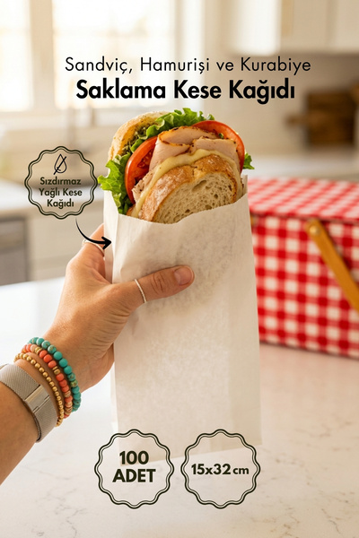 Bimotif 100lü Beyaz Yağlı Kese Kağıdı 15x32 cm (Poğaça, Simit, Börek, Sandviç...