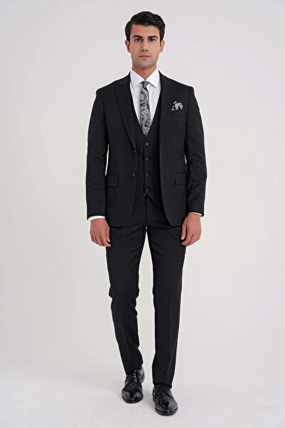 Efor Slim Fit %97 Yün Sivri Yaka Siyah Yelekli Takım Elbise TK 926