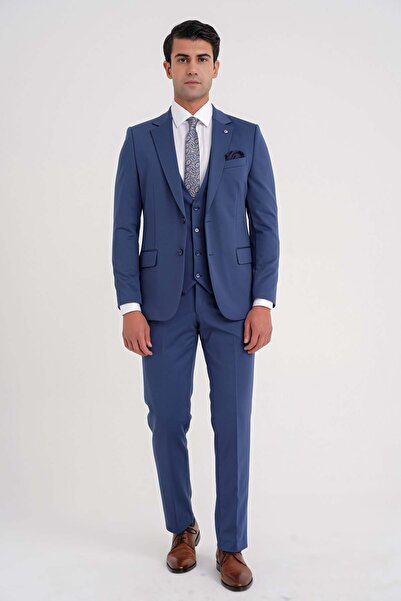 Efor Slim Fit Çift Yırtmaç Doku Desenli Esnek Parlement Yelekli Takım Elbise ...