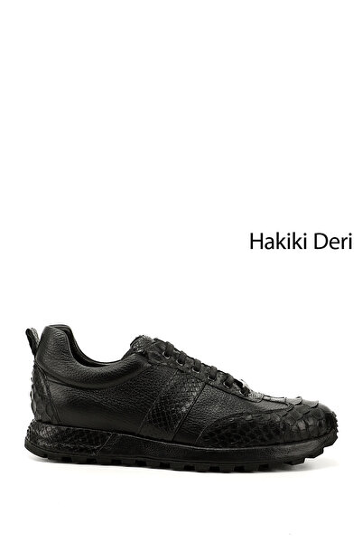 GÖNDERİ(R) Men's Black Python Lace-Up Genuine Leather Comfort Sneaker