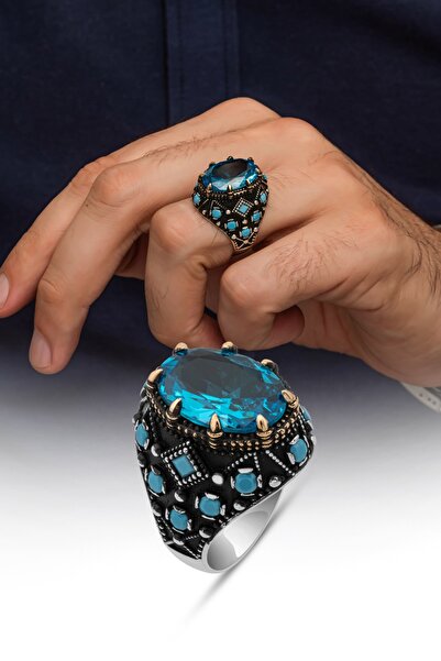 ALYANSEVİM Oval Aqua Mavi Taşlı 925 Gümüş Erkek Yüzük