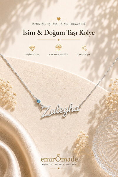 emirOmade 925 Ayar Gümüş Kişiye Özel Doğum Taşlı İsimli Kolye Gümüş Rengi Kiş...