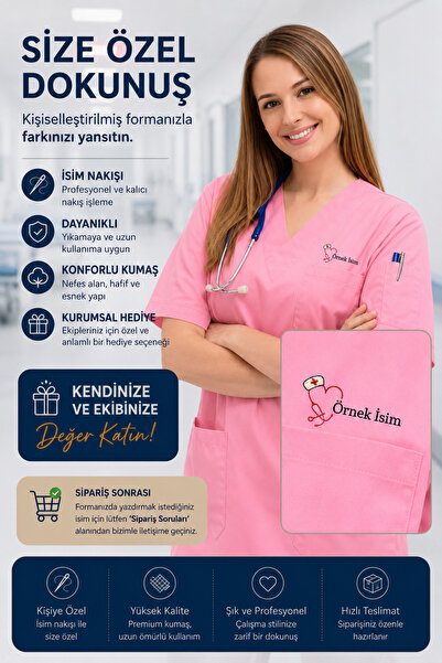 mirach Hemşirelere Özel İsim Yazılan Kişiye Özel Medikal Scrubs Kadın Scrubs ...