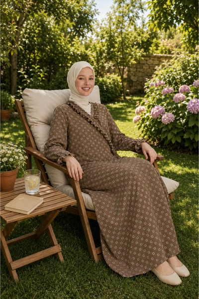 me like home Desenli Müslin Fırfır Detay Ev-Namaz Elbisesi
