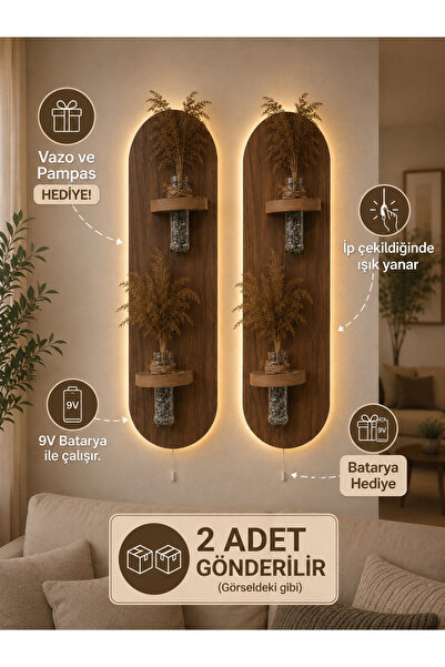 OsalionDesignn Modern Ahşap Duvar Rafı Işıklı 2’li Dekoratif Set (Vazo ve çiç...
