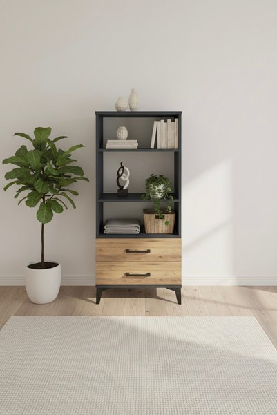 mobihobi Silva Dolap Antrasit-Çam 3 Raf 2 Çekmece 60x30x134 Ev Düzeni - Kitap...