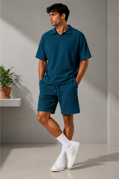 FECCY Premium Ribbed Ottoman Fabric Polo Collar Unisex T-Shirt and Shorts Set...