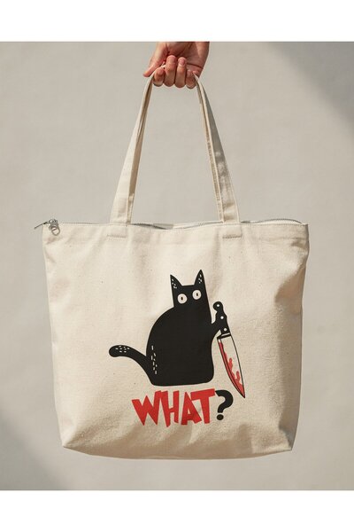 buzagi tasarım ürünleri What? Zippered Lined Gusseted Canvas Bag 35 X 40 cm