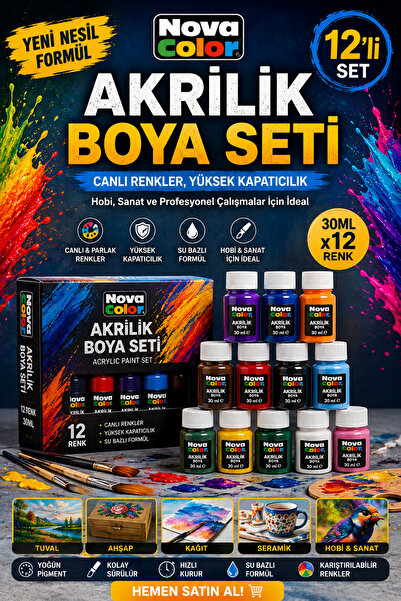 ANI OFİS KIRTASİYE A K 12'li Akrilik Boya Seti – Canlı Renkler, Yüksek Kapatı...