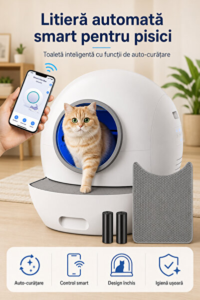 Fish & Paws Litiera automata smart pentru pisici, toaleta inteligenta cu func...