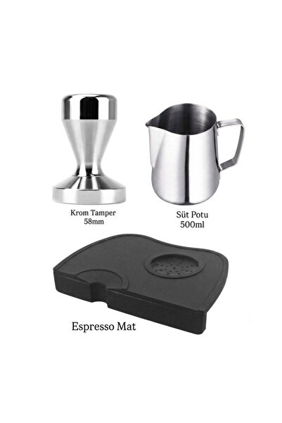 VESTRON Espresso 3lu Set| Krom Tamper Sut Potu Espresso Mat1