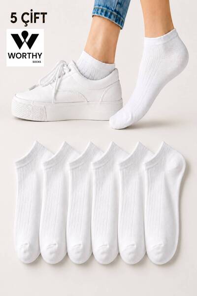 WORTHY SOCKS 5'li Kadın Fitilli Kısa Beyaz Patik Çorap