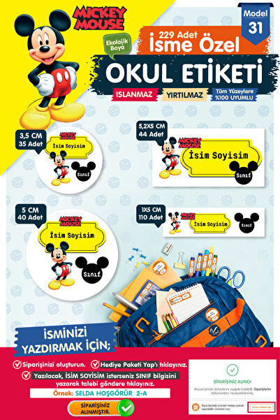 t tuğset etiket Okul Etiketi Mickey Mouse Kalem Defter Etiketi Özel İsim Yazı...