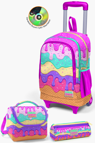 Coral High Kids Pembe Rengarenk Dondurma Desenli Çekçekli 3’lü Okul Çanta Set...