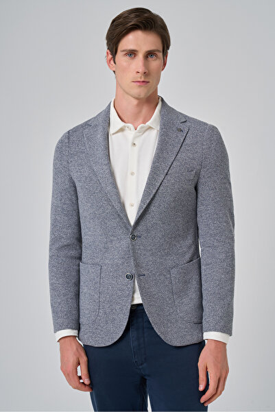 Morven Erkek Lacivert Örme Trend Desenli Slim Fit Mono Yaka Ceket