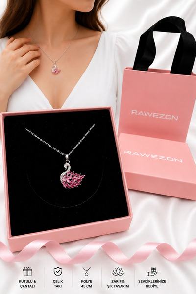 RAWEZON Gold Renk Pembe Taşlı Çelik Kuğu Kolye Kutulu Çantalı Kadın Hediye Seti