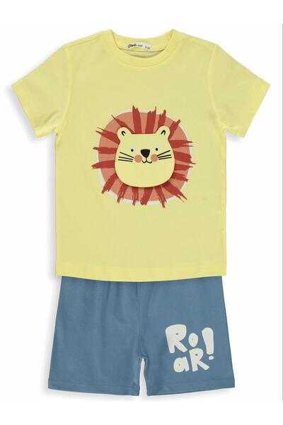 Civil Boys Lion with Open Mouth Embroidered Pajama Set for 2-5 Years - Yellow