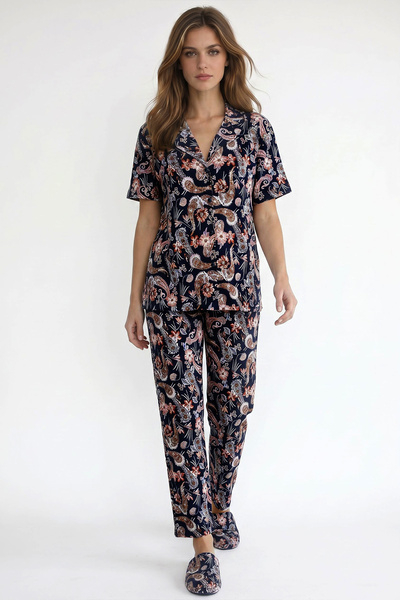 Kompedan Kadın Düğmeli Şal Desen Kısa Kollu Pijama Takımı