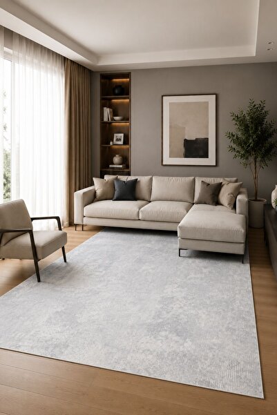 Abstract Patterned Washable Anti-Slip Base Chenille Grey Entry Carpet 4024