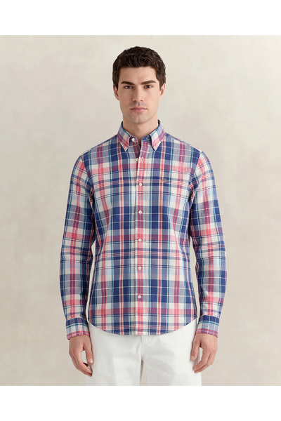 Gant Erkek Mavi Regular Fit Kareli Logolu Gömlek