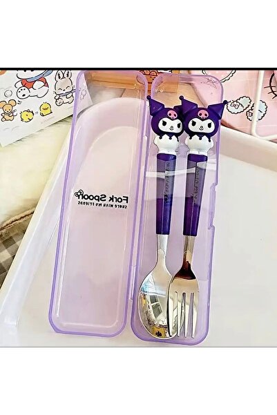 synshop Kedili Kuromiii Desenli Kore Kawai Kutulu Çatal Kaşık Set Beslenme