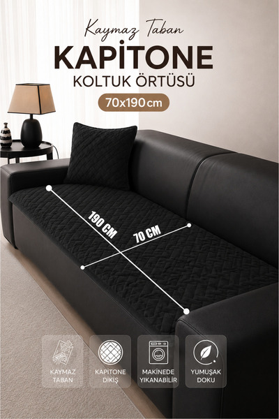 vivamia Kaymaz Taban Kapitone Koltuk Örtüsü Çekyat Koruyucu (70x190 cm) Siyah