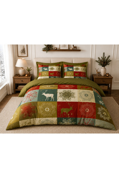 Fabeteks New Year's Deer and Snowflakes Figures Digital Bedding Set