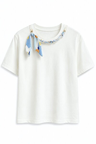 elif teke Mavi Fularlı T-shirt Ekru