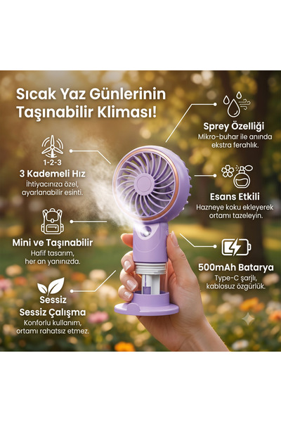 HİBOTEKNO MİNİ EL FANI ŞARJLI SU PÜSKÜRTMELİ MİNİ EL VANTİLATÖRÜ BUZLU SU ELD...