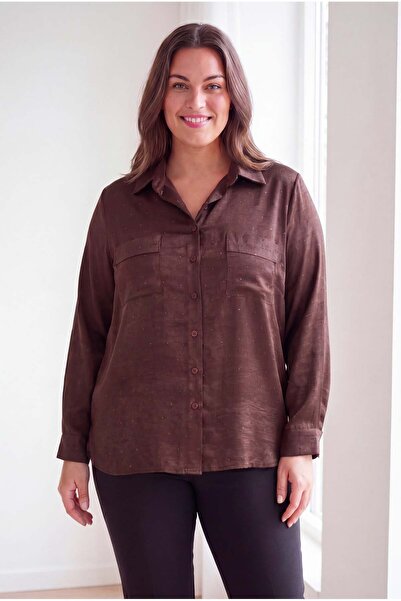 RMG Taş Printed Women's Plus Size Effect Satin Shirt Brown