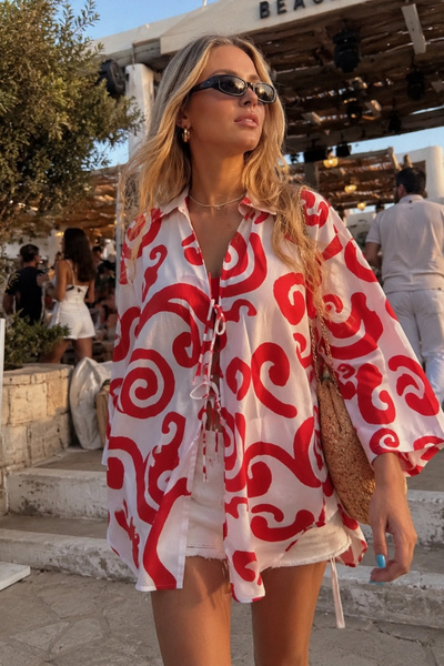 armonika Kadın Kırmızı-Beyaz Gömlek Yakalı Önden Bağcıklı Kimono Gömlek ARM-2...