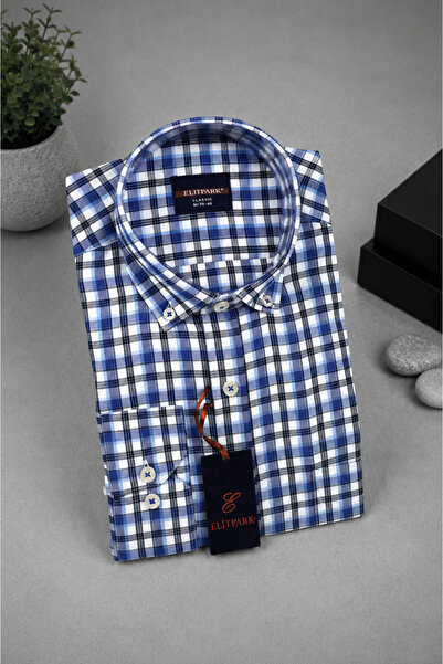 ELİTPARK GÖMLEK Urban Classic Blue Cotton Men's Shirt with Pockets