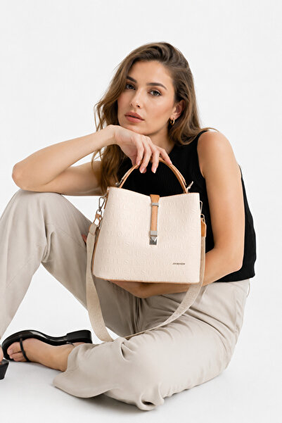 Just Polo Kadın Krem-Taba Postacı Monogram Baskılı Taş El Ve Omuz Çantası