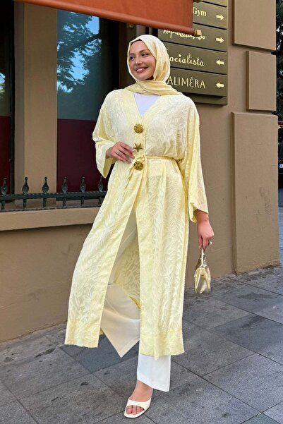 Modaensarbutik Gold Düğmeli Kumaş Kendinden Desenli Kimono-SARI