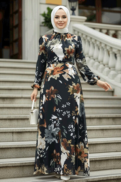 Neva Style Çiçek Desenli Siyah Tesettür Elbise 27942S