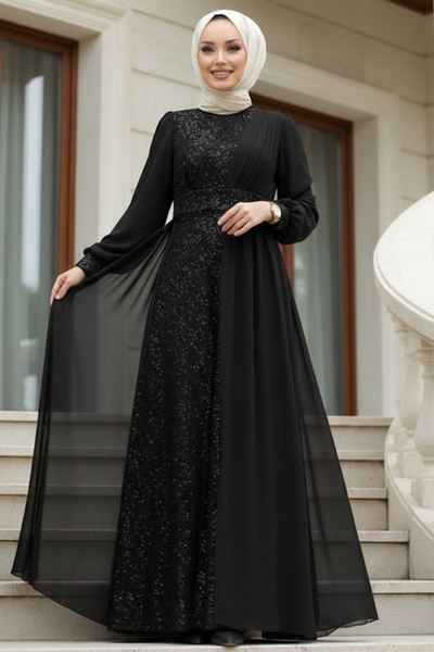 Neva Style Pul Payetli Siyah Tesettür Abiye Elbise 5408S