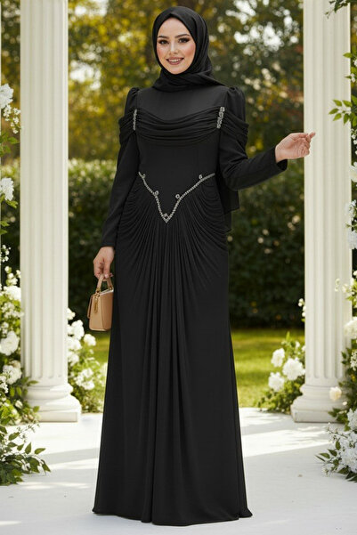 N.S NEVA STYLE فستان سهرة أسود مزين بالدрапيهات 70136S