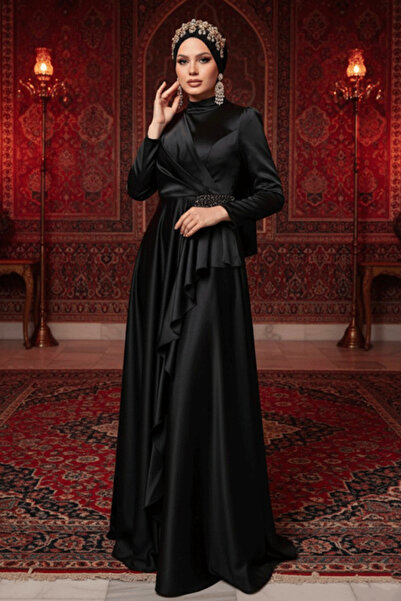 Neva Style فستان سهرة أسود محتشم مع فولان 22431S