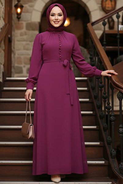 Neva Style Rochie Hijab Fuchsia cu detaliu cu nasturi 2703F