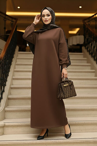Neva Style Brown Sweat Hijab Dress 23641Kh