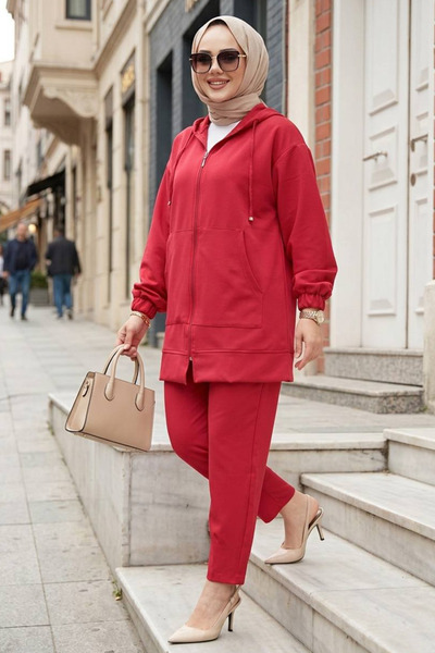 N.S NEVA STYLE Zippered Red Hijab Double Set 10400K