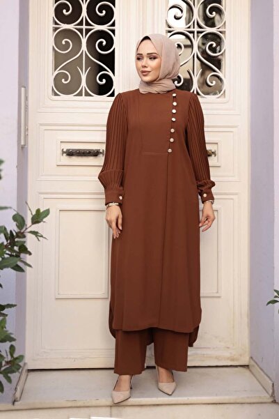 N.S NEVA STYLE Brown Hijab Double Set 7655Kh