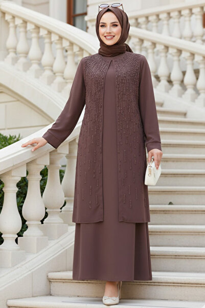 N.S NEVA STYLE Abaya de ciocolată brodată cu mărgele 29119CK