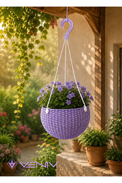 VENİV Rattan Desenli Askılı Saksı 2 Litre – Alt Tablalı Dekoratif Saksı