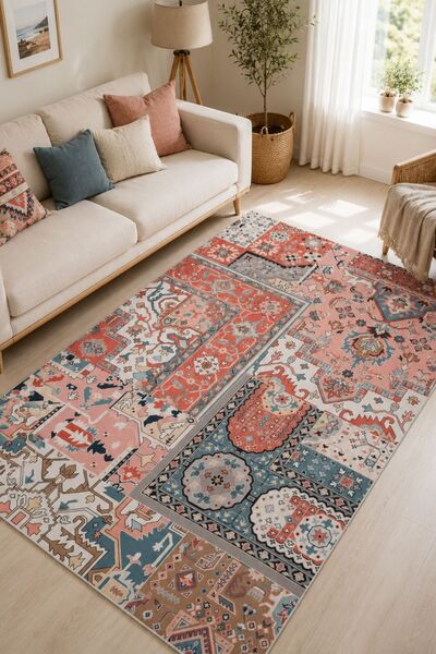 Serente Home Retro Desenli Yıkanabilir Kaymaz Taban Kırmızı Şönil Mutfak Halı...
