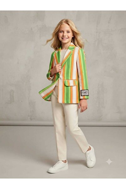 Hilal Akıncı Kids Kız Çocuk Renkli Çizgili Logo Detaylı Blazer Ceket