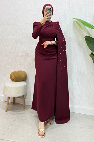 Abiye Diyarı Zerina Taşlı Pelerinli Krep Kumaş Tesettür Abiye