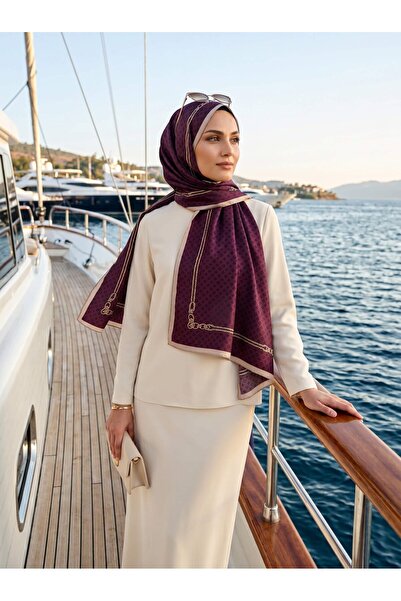 Vissona %100 Saf İpek Şal İnce Saten Vual Dokuma Zincir Desenli Şarabi - Siya...
