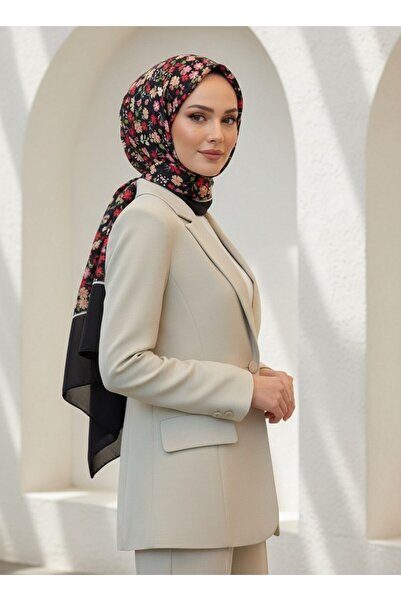 Vissona %100 Saf İpek Şal İnce Saten Vual Dokuma Çıtır Çiçek Desenli Siyah - ...